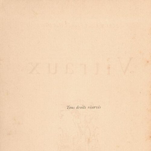 16 x 9 cm; 8 s.p. + 50 p. + 6 s.p., l. 2 bookplate CPC on recto, l. 3 half-title page and C. P. Cavafy's handwritten signatur